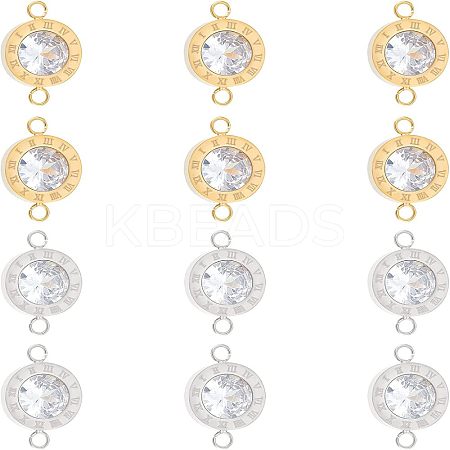 12Pcs 2 Colors 304 Stainless Steel Clear Cubic Zirconia Connector Charms STAS-UN0037-33-1
