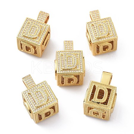 Alphabet Brass Micro Pave Clear Cubic Zirconia Pendants ZIRC-O045-01G-D-1