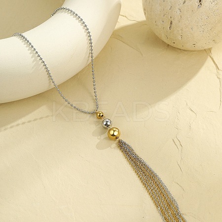 304 Stainless Steel Ball Chain Round Ball Tassel Necklaces for Women NJEW-G173-02C-GP-1