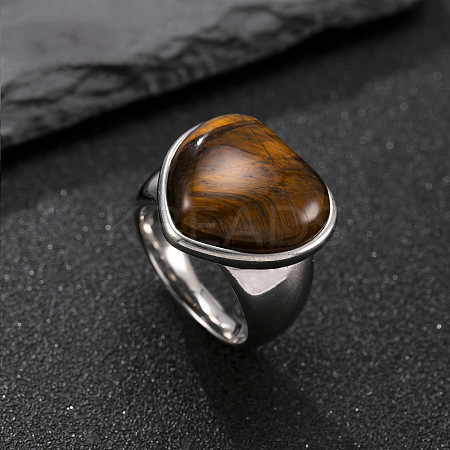 304 Stainless Steel with Natural Tiger Eye Finger Rings for Men FS-WG9BB25-01-1