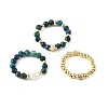 3 Pcs Natural Gemstone & Cultured Freshwater Pearl & Brass Beaded Stretch Ring Set RJEW-JR01084-4