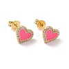 Deep Pink Enamel Heart Stud Earrings with Clear Cubic Zirconia EJEW-C030-04G-1