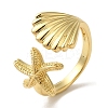 Starfish & Shell Shape Rack Plating Brass Open Cuff Finger Rings for Women RJEW-L123-010G-1