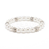 ABS Plastic Pearl & Brass Round Beaded Stretch Bracelet with Clear Rhinestone for Women BJEW-JB08523-02-1