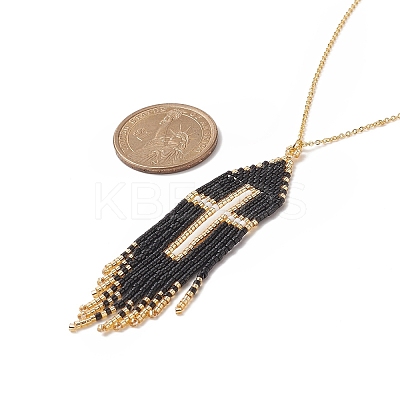 Glass Seed Beaded Cross Tassel Pendant Necklaces NJEW-MZ00011-01-1