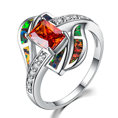 Brass Micro Pave Cubic Zirconia and Opal Finger Rings FS-WG9EA6B-08-1