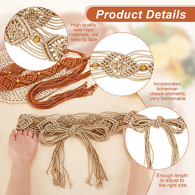 2Pcs 2 Colors Wax Cord Knitted Rhombus Chain Belt with Wood Beaded AJEW-GA0006-24-1