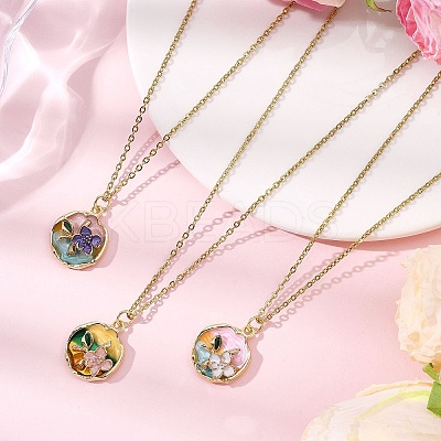 3Pcs 3 Styles Flower Alloy Enamel Pendant 304 Stainless Steel Cable Chain Necklaces for Women NJEW-JN05551-1