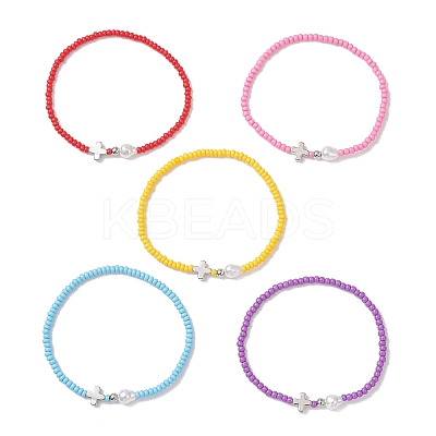 5Pcs Glass Seed Bead Stretch Bracelets with Brass Cross & Imitation Pearl BJEW-MZ00300-1