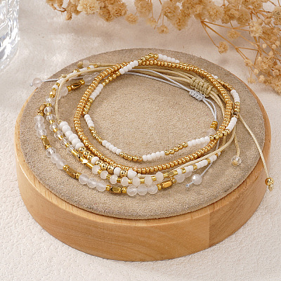 5Pcs Glass & Metal Gold & White Beaded Bracelet Sets AB9103-2-1