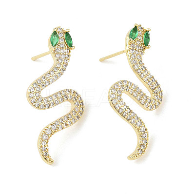Snake Brass Pave Clear & Green Cubic Zirconia Stud Earrings for Women EJEW-L285-002G-1