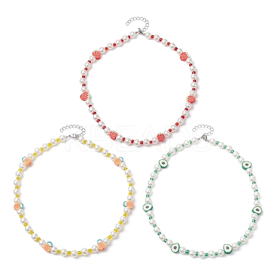 3Pcs 3 Style Fruit Polymer Clay & Glass Seed & Acrylic Pearl Beaded Necklaces Set NJEW-JN04582-1