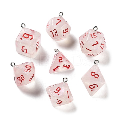 7 Styles Transparent Resin Polyhedral Dice Pendants Set RESI-A029-01L-1