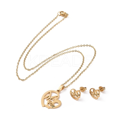 304 Stainless Steel Heart with Word MOM Stud Earrings and Pendant Necklace AJEW-B019-04-1