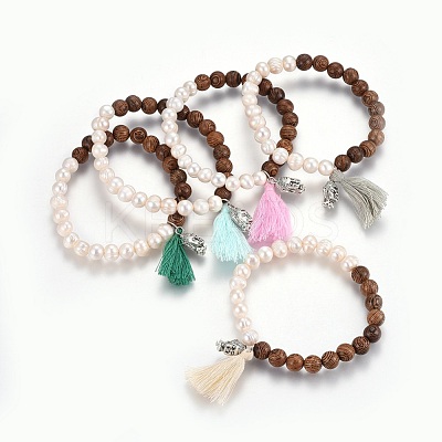 Cotton Thread Tassels Charm Stretch Bracelets BJEW-JB04110-1
