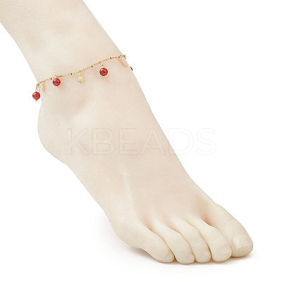 Dyed Natural Banded Agate Round & 304 Stainless Steel Shell Shape Tassel Anklets for Women AJEW-AN00702-02-1