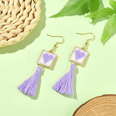 Glass Rectangle with Tassel Dangle Earrings EJEW-MZ00065-1