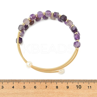 Cube Natural Amethyst & Freshwater Pearl Beaded Copper French Wire Wrap Cuff Bangles BJEW-JB13984-02-1