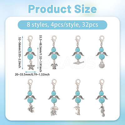 32Pcs 8 Styles Synthetic Turquoise Beads & Alloy Sea Animal Pendant Decorations HJEW-CA00068-1