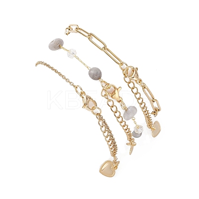 304 Stainless Steel Heart & Natural Labradorite Nuggets Link Chain 3 Layer Stackable Necklaces BJEW-JB12459-02-1