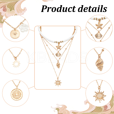 6Pcs 6 Style Sun & Flower & Shell Shape Pendant Alloy Multi Layered Necklaces Sets NJEW-AN0001-37-1