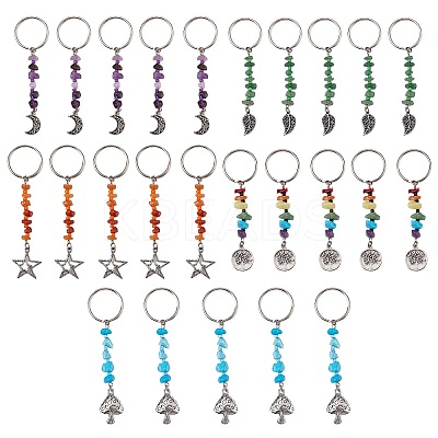 25Pcs 5 Style Natural & Synthetic Gemstone Keychain KEYC-SZ0001-12-1