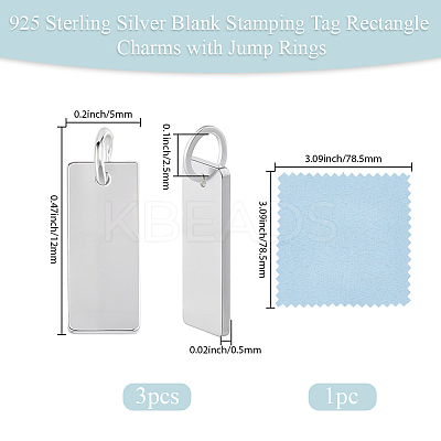 3Pcs 925 Sterling Silver Blank Stamping Tag Rectangle Charms with Jump Rings and 1 Sheet Double Sided Suede Fabric Silver Polishing Cloth STER-BBC0008-79-1