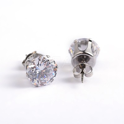 Flat Round 304 Stainless Steel Cubic Zirconia Stud Earrings EJEW-H306-38-3mm-1