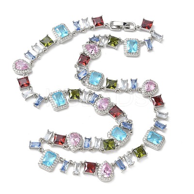 Brass Pave Colorful Cubic Zirconia Rectangle Square Teardrop Tennis Necklaces NJEW-G183-09P-1