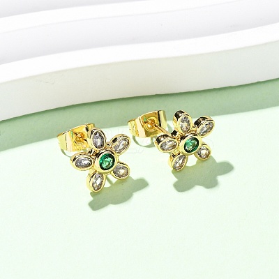 Brass Micro Pave Cubic Zirconia Flower Stud Earrings EJEW-K267-12G-1
