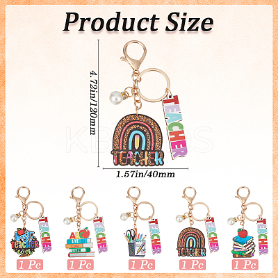 5Pcs 5 Colors Teachers' Day Wooden Keychains AJEW-SP0001-41B-1
