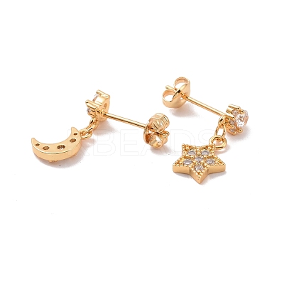 Clear Cubic Zirconia Moon & Star Dangle Stud Earrings EJEW-C030-10G-1