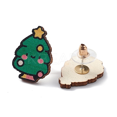 Christmas Printed Wooden Stud Earrings EJEW-D046-03-1