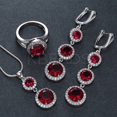 Flat Round Alloy Cubic Zirconia Pendant Necklaces & Hoop Earrings & Rings Sets FS-WG75211-05-1