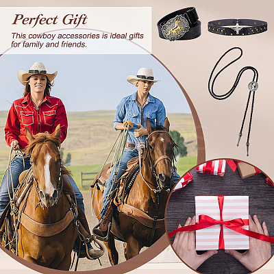 3Pcs 3 Styles PU Leather Men's Chain Belt with Alloy Horse Clasp & Star Bolo Tie & Adjustable Hat Band AJEW-GA0006-64-1