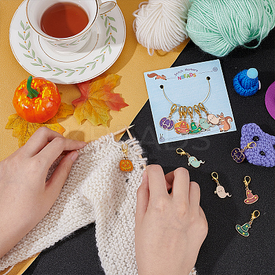 Halloween Theme Alloy Enamel Ghost & Witch Hat & Pumpkin Charm Locking Stitch Markers HJEW-PH01714-1