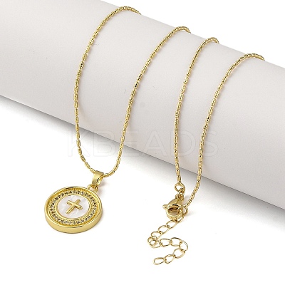Brass Cubic Zirconia Flat Round Cross Pendant Necklaces NJEW-R100-02G-1