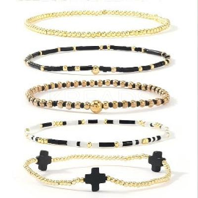 5Pcs 5 Styles Handmade Brass & Glass Beads Stretch Bracelet Set OI0028-12-1