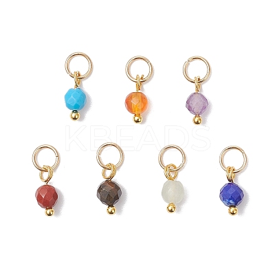 7Pcs 7 Colors Synthetic Turquoise & Natural Green Aventurine & Amethyst & Red Agate & Red Jasper & Tiger Eye & Lapis Lazuli Faceted Round Chakra Charms PALLOY-JF04564-01-1