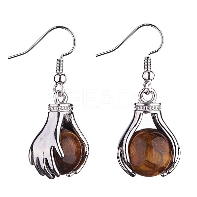 Natural Tiger Eye Palm Dangle Earrings EJEW-A092-09P-17-1