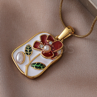 Vintage 304 Stainless Steel Enamel Flower Pendant Necklaces with Imitation Pearl for Women CU9573-1