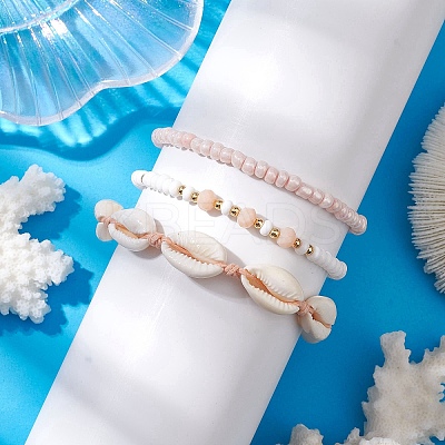 Summer Beach Natural Mixed Cowrie Shell Glass & Alloy Beaded Stretch Bracelet & Braided Bead Bracelets Sets BJEW-JB10838-1