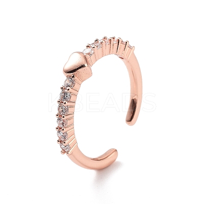 Heart Rack Plating Brass Micro Pave Clear Cubic Zirconia Open Rings RJEW-D020-12RG-1