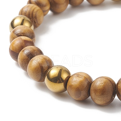 Natural Wood & Synthetic Hematite Round Beaded Stretch Bracelet for Women BJEW-JB09148-1