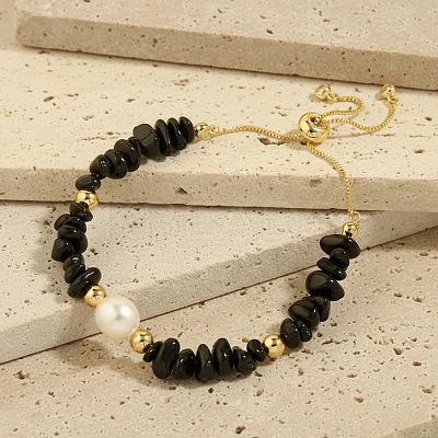 Natural Freshwater Pearl and Natural Obsidian Chip Beaded Adjustable Brass Box Chain Slider Bracelets for Women PS0343-7-1