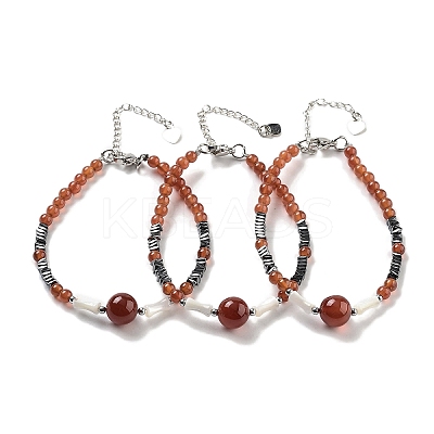 Natural Carnelian Round & Synthetic Non-magnetic Hematite & White Shell Beaded Bracelets for Women BJEW-K251-02C-1