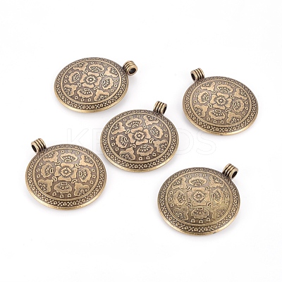 Tibetan Style Flat Round with Flower Alloy Big Pendants TIBEP-Q056-15AB-NR-1