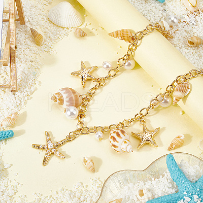 Bohemian Natural Shell & Plastic Imitation Pearl Tassel Chain Belts AJEW-CY0001-06A-1