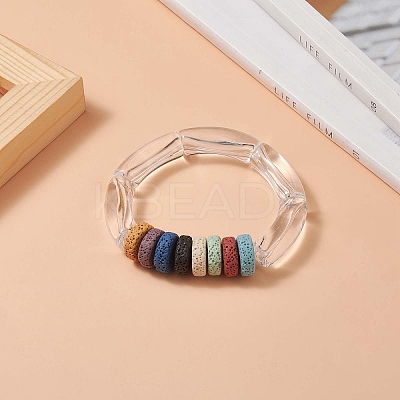 Natural Lava Rock Flat Round & Acrylic Beaded Stretch Bracelet for Women BJEW-JB09253-1