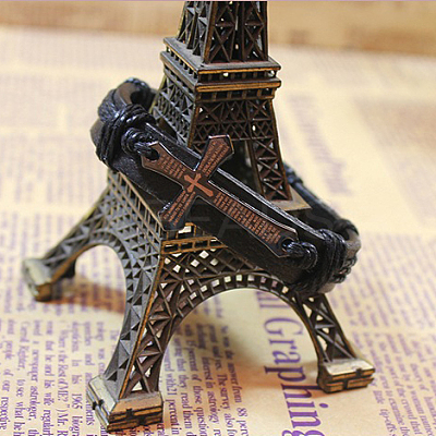 Adjustable Cross with Word Iron Braided Leather Cord Bracelets BJEW-P0001-02B-1